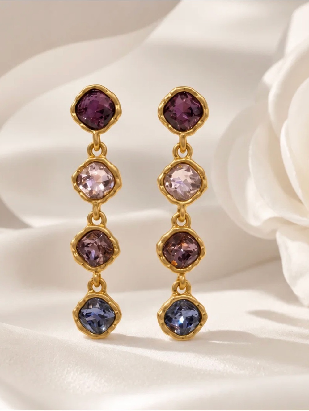 Oscar de la Renta Gold-Tone AMETHYST COMBO ✨CRYSTAL DANGLE EARRINGS✨POST✨ - Picture 13 of 13